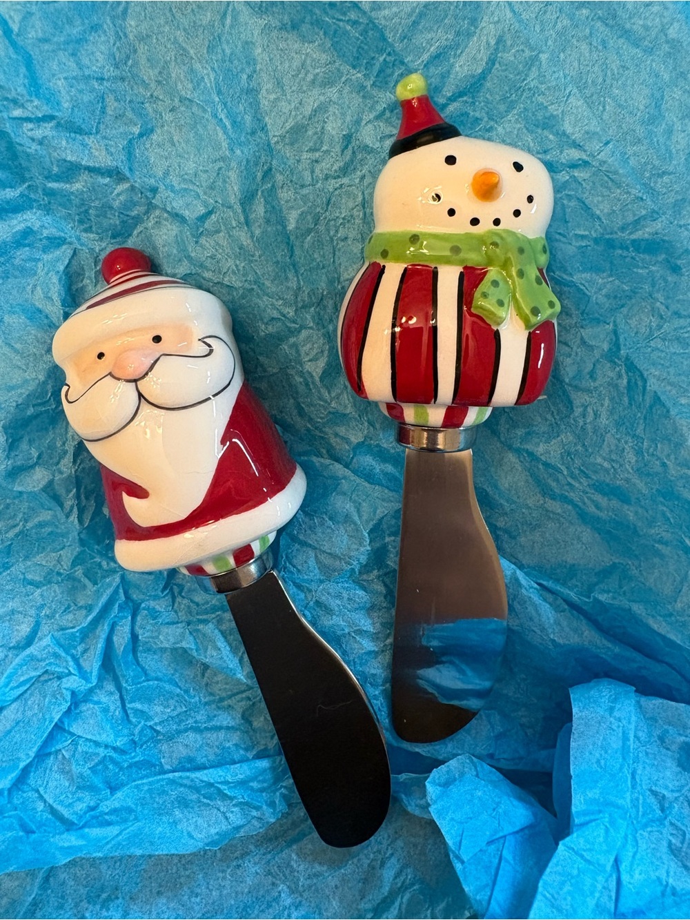 Holiday Santa and Snowman Ceramic Cheese Spreader Set - Red and White